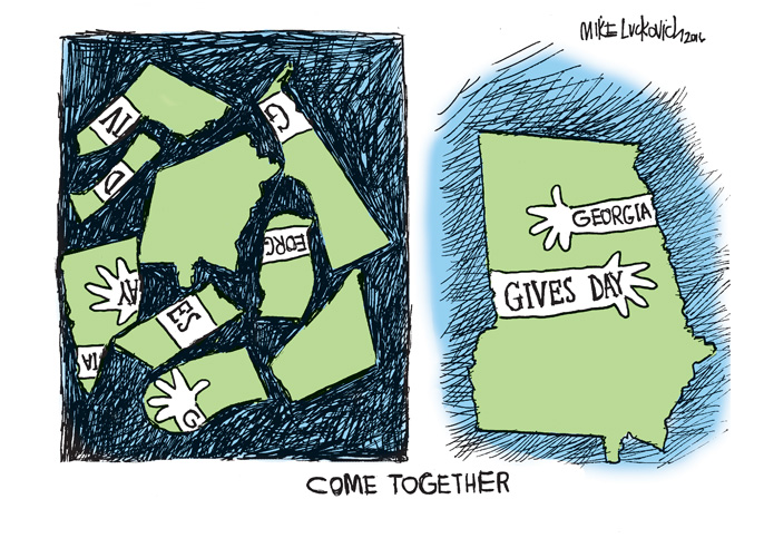 A cartoon by Mike Luckovich. The first panel has puzzle pieces of the state of Georgia in disarray. The second panel has the puzzle put together to make the state saying "Georgia Gives Day" Below, it says "Come Together"