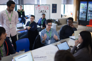 A group of people in a office discussing some twitter data.