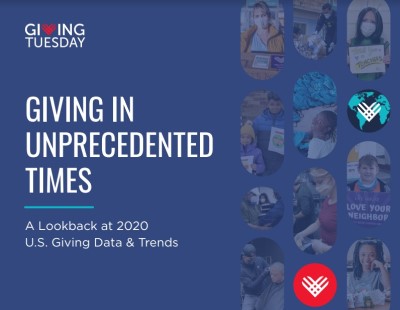 images and text on blue background depicting the cover of a report on giving data