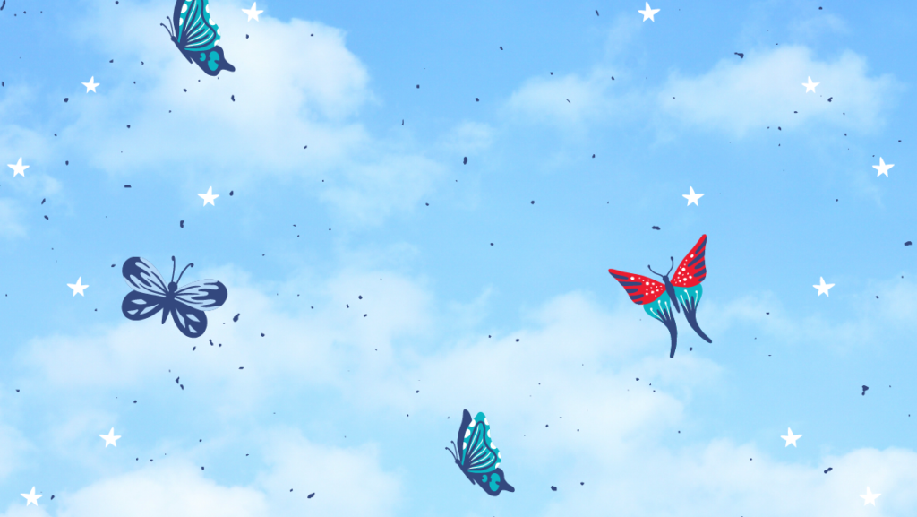 Clouds on a light blue background with a few butterflies floating about