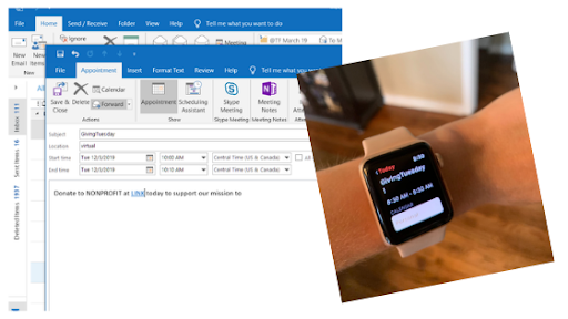 A screenshot of an Outlook calendar invite that says "It's GivingTuesday" and a photo of an Apple Watch notification that says "It's GivingTuesday"