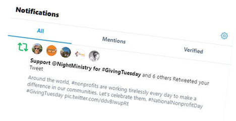 A screenshot of a p2p fundraiser's Twitter display name, which they changed to say "Support @NightMinistry for #GivingTuesday"