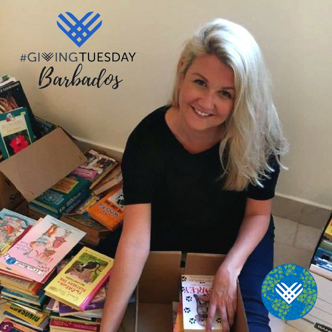 Square image showing a woman with piles of donated books and a GivingTuesday Barbados logo with blue heart.