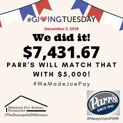 A GIF with a flag banner at the top and confetti is pouring down across the whole graphic. The text sys: GivingTuesday December 3, 2019, We did it! $7431.67 Parr's will match that with $5,000! #WeMadeJoePay
