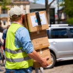 A man in a yellow safety vest carrying boxes