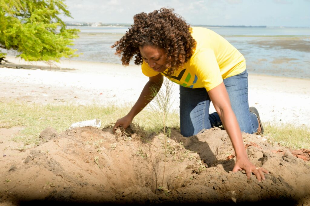 A woman in a yellow shirt planting a tree