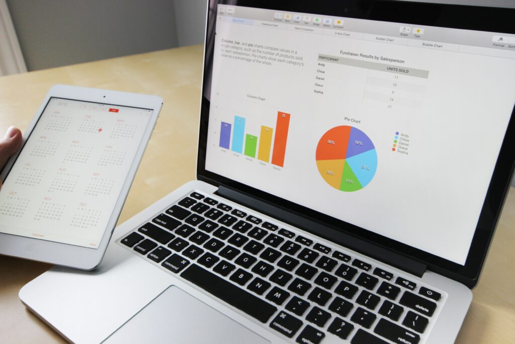 a laptop open to a bar graph and a pie graph