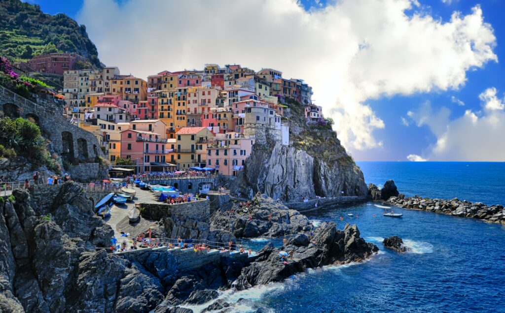 Beautiful cinqueterre - a town built into a cliff in Italy, on the seaside